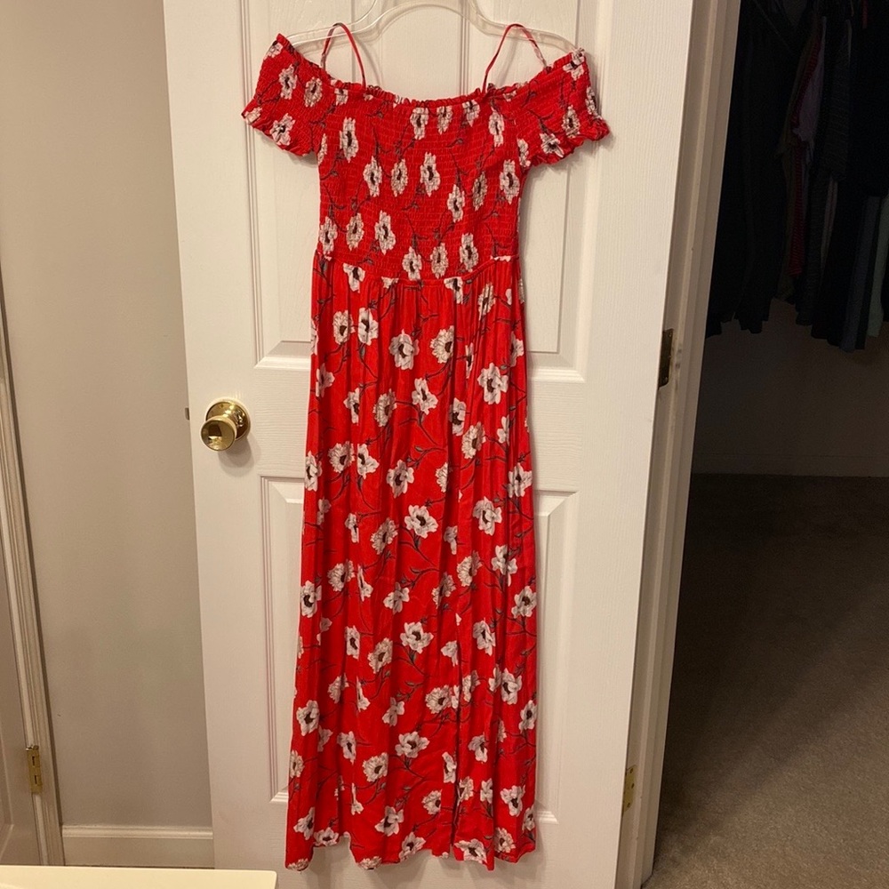 Red floral off the shoulder maxi dress